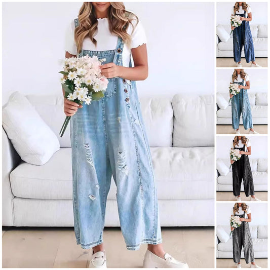 💖LAST DAY SALE 47% OFF💖Women's Cute Casual Button Jumpsuit Ripped Denim Overalls