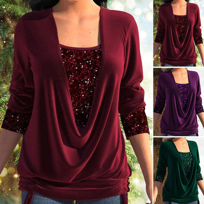 💜LAST DAY PROMOTION - 50% OFF💜Sequin Loose Smocked Fake Two-Piece Top