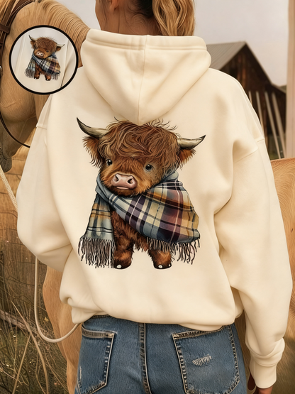 🎄🎅CHRISTMAS SALE 50% OFF!!🎁Cute Highland Cow Cozy Fleece-Lined Hooded Sweatshirt🦬✨Perfect Gift for Her!