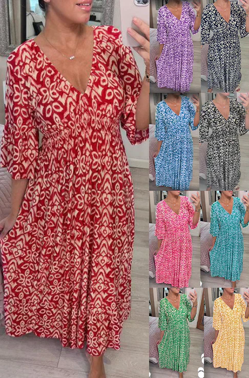 💖LAST DAY SALE 46% OFF💖Bohemian casual print V-neck waist wrap long dress