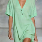 Women's V-Neck Short Sleeve Linen Tunic Dress