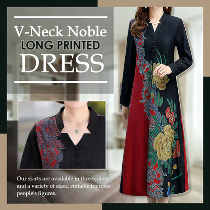Long Printed Dress with V-Neck