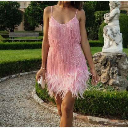 🔥Final Hours 49% OFF👗Women's Feather Fringe Sequin Spaghetti Strap Dress-Perfect for Holiday Parties & Galas✨🎉