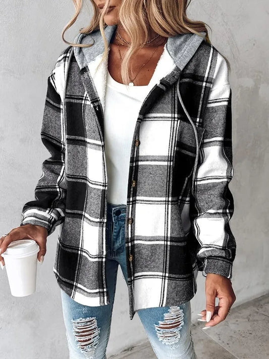 🍂Autumn Sales 49% OFF🔥Women's Plaid Button Down Fleece Lined Hooded Jackets Warm Coat