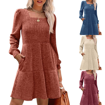 🍂2025 Autumn New Style 50% OFF⏰Women's Square Neck Lantern Sleeve Ribbed Dress
