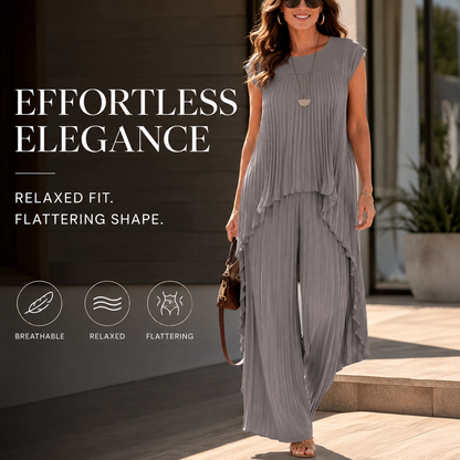 ⏳Limited Time 50% OFF🔥Laney Pleated Short Sleeve Irregular Midi Top and Elastic Waist Wide Leg Pants Set✨