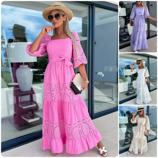 💖Limited Sale 💖Women’s Trendy Patchwork Tie Waist Square Neck Long Dress