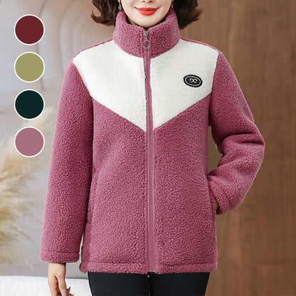 Women's Plush Jacket with Stand Collar for Middle-Aged