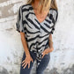 Women's V-Neck Striped Printed Casual Short-Sleeved Top