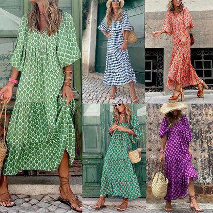 🌸🌸Big price reduction🌸Women's Elegant Puff Sleeve Floral Boho Maxi Dress