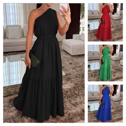 Stylish Solid Color One-Shoulder Ruched Waist Long Dress