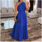 Stylish Solid Color One-Shoulder Ruched Waist Long Dress