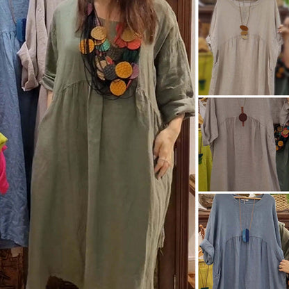 ⏰Last Day Sale 49% Off💃Women's Casual Loose Round Neck Solid Color Dress with 3/4 Sleeves & Pockets