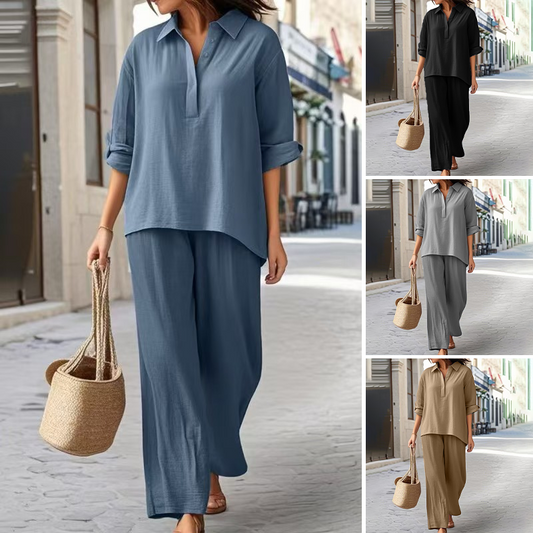 🌸New Arrival 50%OFF🌈 Solid Color Cotton Linen Shirt & Wide Leg Pants Set