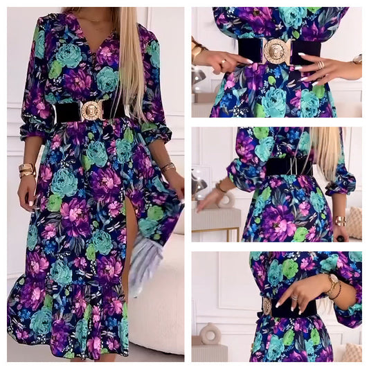 🌸New Arrival 50%OFF💖 Women’s Elegant Floral Print V-Neck Side Slit Dress