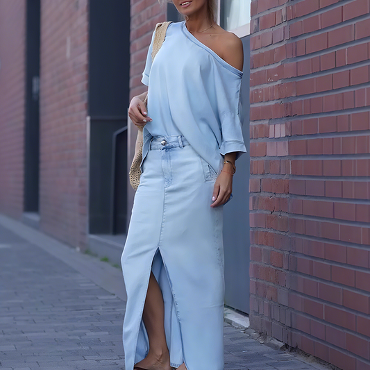 ✨Work commute outfit✨Women's diagonal shoulder top with split denim long skirt+Woven bag