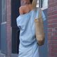 ✨Work commute outfit✨Women's diagonal shoulder top with split denim long skirt+Woven bag