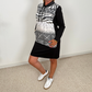 Black-White Printed Drawstring Long-Sleeve Dress