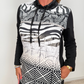 Black-White Printed Drawstring Long-Sleeve Dress