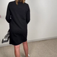 Black-White Printed Drawstring Long-Sleeve Dress