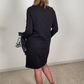 Black-White Printed Drawstring Long-Sleeve Dress