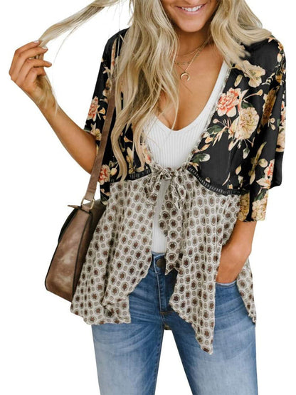 🔥Summer Hot Sale-50% Off!!✨Women's Floral Kimono Ruffle Sleeve Tie Cardigans Flowy Boho Loose Cover Ups
