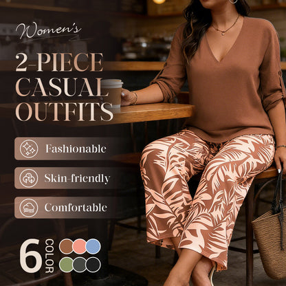 🔥LAST DAY 50% OFF ☀️🛍️Women's V-Neck Blouse & Printed Wide-Leg Pants Set