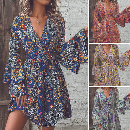 📢📢50% OFF !! ⏰Women's Elegant Paisley Print V-Neck Flared Sleeve Dress
