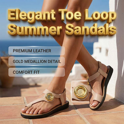 Women's Toe Loop Flat Sandals with Gold Medallion