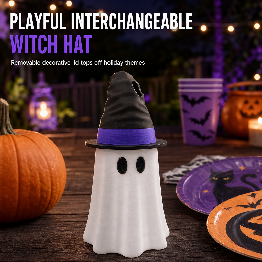 3D Printed Halloween Can Holder with Witch Hat Lid – Ghost Party Sleeve