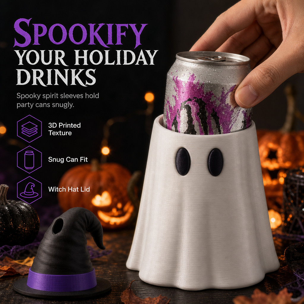 3D Printed Halloween Can Holder with Witch Hat Lid – Ghost Party Sleeve